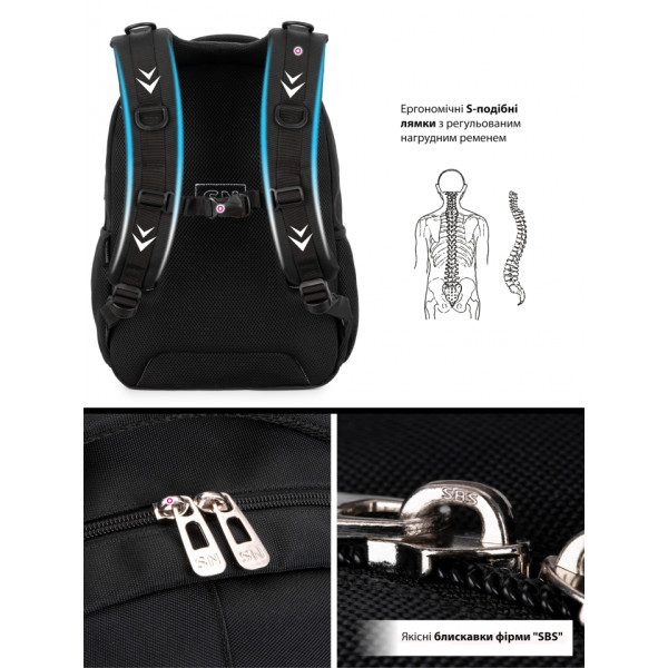 Школьный рюкзак для подростковым с USB-слотом, удобный и вместительный, на 3 отделения, черный, 22 л Школьный рюкзак для подростковым с USB-слотом, удобный и вместительный, на 3 отделения, черный, 22 л