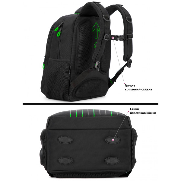 Шкільний рюкзак Sky Name (Winner) для хлопчиків, на 3 відділення, ортопедична спинка, чорний з зеленим Шкільний рюкзак Sky Name (Winner) для хлопчиків, на 3 відділення, ортопедична спинка, чорний з зеленим