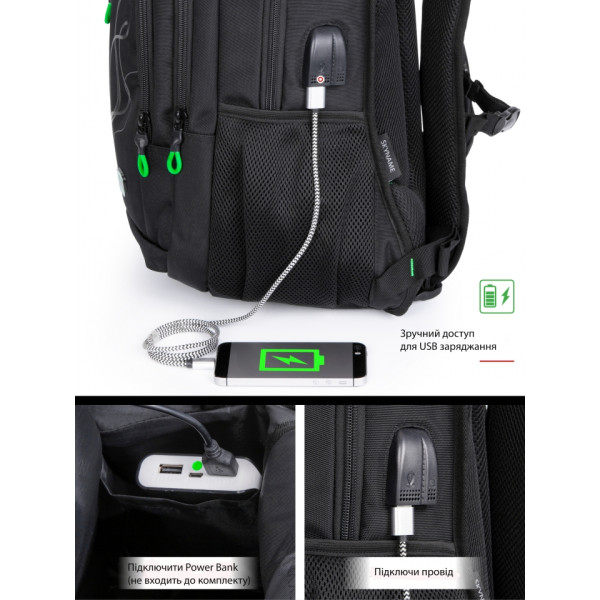 Чорний шкільний рюкзак з USB-слотом для підлітків, водонепроникний, 26 л Чорний шкільний рюкзак з USB-слотом для підлітків, водонепроникний, 26 л