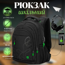 Чорний шкільний рюкзак з USB-слотом для підлітків,  водонепроникний, 26 л