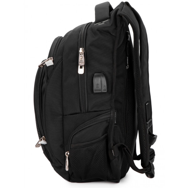 Чорний шкільний рюкзак з USB-слотом для підлітків, водонепроникний, 23 л, ортопедична спинка Чорний шкільний рюкзак з USB-слотом для підлітків, водонепроникний, 23 л, ортопедична спинка