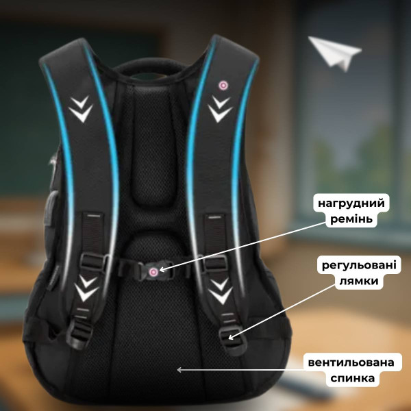 Чорний шкільний рюкзак з USB-слотом для підлітків, водонепроникний, 23 л, ортопедична спинка Чорний шкільний рюкзак з USB-слотом для підлітків, водонепроникний, 23 л, ортопедична спинка