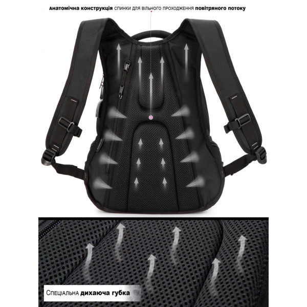 Чорний шкільний рюкзак з USB-слотом для підлітків, водонепроникний, 23 л, ортопедична спинка Чорний шкільний рюкзак з USB-слотом для підлітків, водонепроникний, 23 л, ортопедична спинка