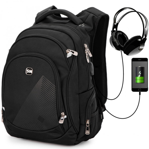 Чорний шкільний рюкзак з USB-слотом для підлітків, водонепроникний, 23 л, ортопедична спинка Чорний шкільний рюкзак з USB-слотом для підлітків, водонепроникний, 23 л, ортопедична спинка