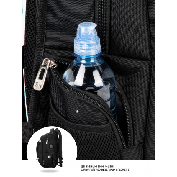 Чорний шкільний рюкзак з USB-слотом для підлітків, водонепроникний, 23 л, ортопедична спинка Чорний шкільний рюкзак з USB-слотом для підлітків, водонепроникний, 23 л, ортопедична спинка