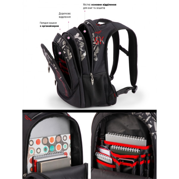 Шкільний рюкзак Sky Name (Winner) для хлопчиків, на 3 відділення, чорний з червоним, водонепроникний Шкільний рюкзак Sky Name (Winner) для хлопчиків, на 3 відділення, чорний з червоним, водонепроникний