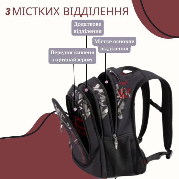 Шкільний рюкзак Sky Name (Winner) для хлопчиків, на 3 відділення, чорний з червоним, водонепроникний Шкільний рюкзак Sky Name (Winner) для хлопчиків, на 3 відділення, чорний з червоним, водонепроникний