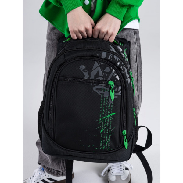Шкільний рюкзак Sky Name (Winner) для хлопчиків, на 3 відділення, чорний з зеленим, водонепроникний Шкільний рюкзак Sky Name (Winner) для хлопчиків, на 3 відділення, чорний з зеленим, водонепроникний