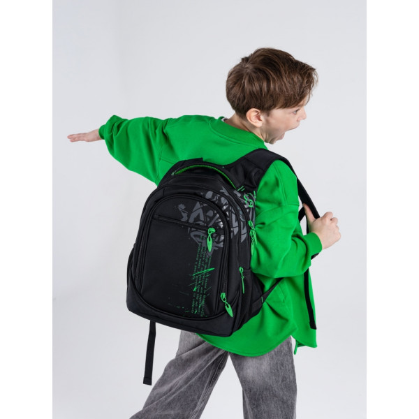 Шкільний рюкзак Sky Name (Winner) для хлопчиків, на 3 відділення, чорний з зеленим, водонепроникний Шкільний рюкзак Sky Name (Winner) для хлопчиків, на 3 відділення, чорний з зеленим, водонепроникний