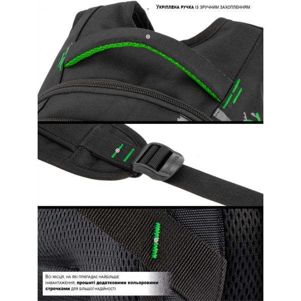 Шкільний рюкзак Sky Name (Winner) для хлопчиків, на 3 відділення, чорний з зеленим, водонепроникний Шкільний рюкзак Sky Name (Winner) для хлопчиків, на 3 відділення, чорний з зеленим, водонепроникний