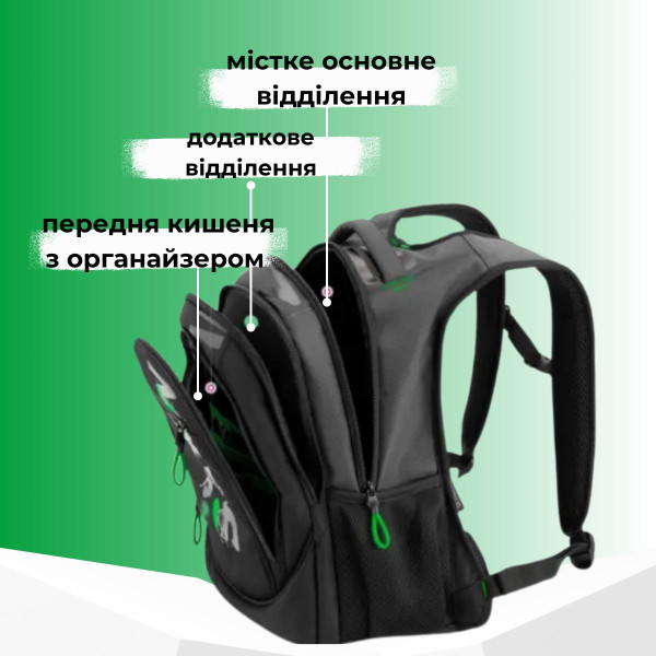 Шкільний рюкзак Sky Name (Winner) для хлопчиків, на 3 відділення, ортопедична спинка, чорний з зеленим, 21 л Шкільний рюкзак Sky Name (Winner) для хлопчиків, на 3 відділення, ортопедична спинка, чорний з зеленим, 21 л