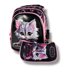 Каркасний шкільний рюкзак для дівчаток з принтом котика, пенал у комплекті, чорний, місткий та легкий