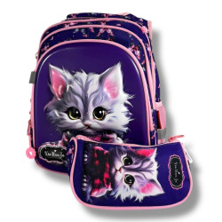 Каркасний шкільний рюкзак для дівчаток з принтом котика, пенал у комплекті, фіолетовий, місткий та легкий