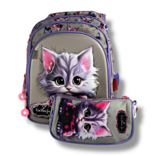 Каркасний шкільний рюкзак для дівчаток з принтом котика, пенал у комплекті, сірий, місткий та легкий