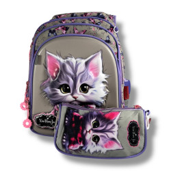 Каркасний шкільний рюкзак для дівчаток з принтом котика, пенал у комплекті, сірий, місткий та легкий