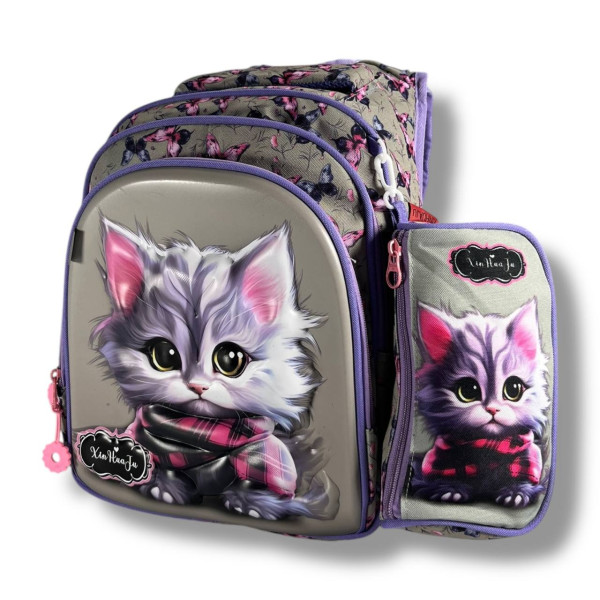 Каркасный школьный рюкзак для девочек с принтом котика, пенал в комплекте, серый, вместительный и легкий Каркасный школьный рюкзак для девочек с принтом котика, пенал в комплекте, серый, вместительный и легкий