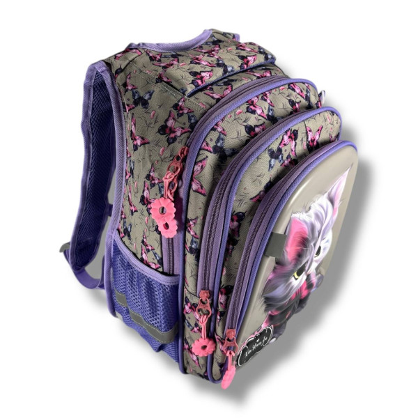 Каркасный школьный рюкзак для девочек с принтом котика, пенал в комплекте, серый, вместительный и легкий Каркасный школьный рюкзак для девочек с принтом котика, пенал в комплекте, серый, вместительный и легкий