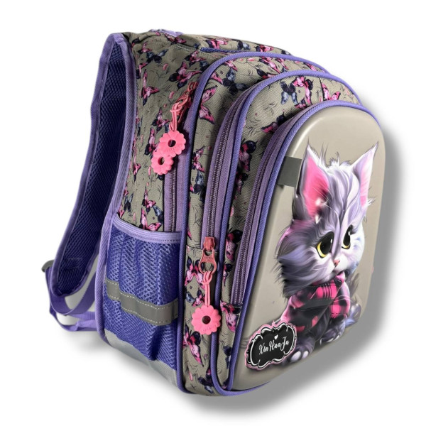 Каркасный школьный рюкзак для девочек с принтом котика, пенал в комплекте, серый, вместительный и легкий Каркасный школьный рюкзак для девочек с принтом котика, пенал в комплекте, серый, вместительный и легкий