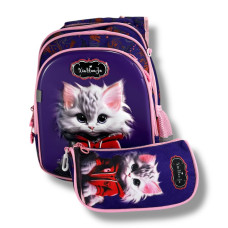Школьный рюкзак для девочек 1-4 классов с принтом котика, пенал в комплекте, фиолетовый, вместительный и легкий