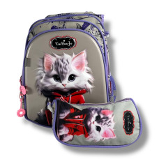 Шкільний рюкзак для дівчаток 1-4 класів з принтом котика, пенал у комплекті, сірий, місткий та легкий