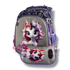 Школьный рюкзак для девочек с принтом единорога, пенал в комплекте, серый, на 3 отделения