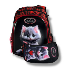 Каркасний шкільний рюкзак для дівчаток з принтом котика, пенал у комплекті, чорний, 22 л