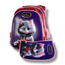 Каркасный школьный рюкзак для девочек с принтом котика, пенал в комплекте, фиолетовый, 22 л