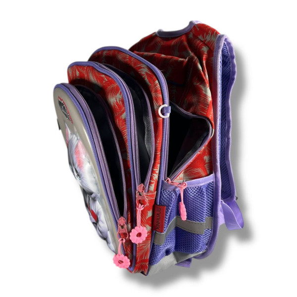 Каркасный школьный рюкзак для девочек с принтом котика, пенал в комплекте, серый, 22 л Каркасный школьный рюкзак для девочек с принтом котика, пенал в комплекте, серый, 22 л