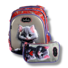 Каркасный школьный рюкзак для девочек с принтом котика, пенал в комплекте, серый, 22 л