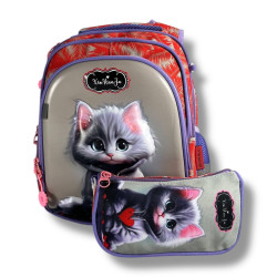Каркасний шкільний рюкзак для дівчаток з принтом котика, пенал у комплекті, сірий, 22 л