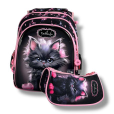 Каркасний шкільний рюкзак для дівчаток з принтом котика, пенал у комплекті, чорний, на 3 відділення