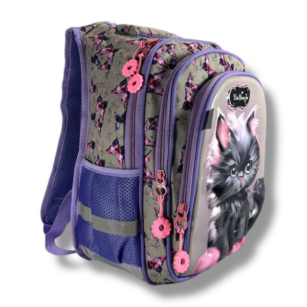 Каркасный школьный рюкзак для девочек с принтом котика, пенал в комплекте, серый, на 3 отделения Каркасный школьный рюкзак для девочек с принтом котика, пенал в комплекте, серый, на 3 отделения