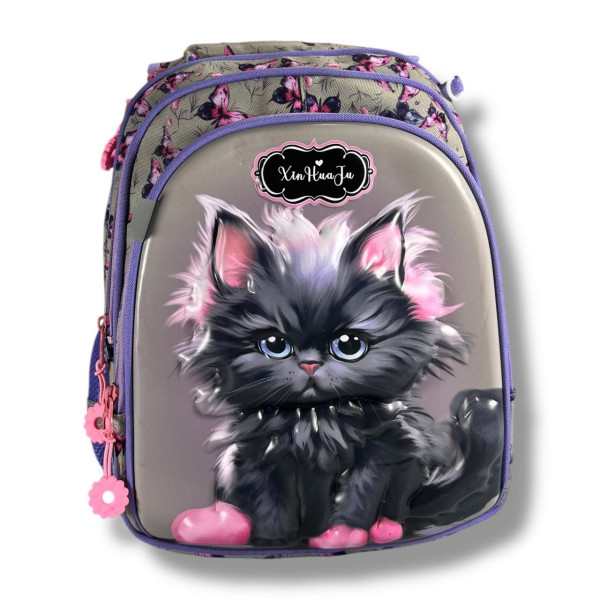Каркасный школьный рюкзак для девочек с принтом котика, пенал в комплекте, серый, на 3 отделения Каркасный школьный рюкзак для девочек с принтом котика, пенал в комплекте, серый, на 3 отделения