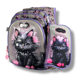 Каркасний шкільний рюкзак для дівчаток з принтом котика, пенал у комплекті, сірий, на 3 відділення