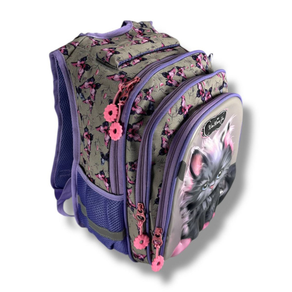 Каркасный школьный рюкзак для девочек с принтом котика, пенал в комплекте, серый, на 3 отделения Каркасный школьный рюкзак для девочек с принтом котика, пенал в комплекте, серый, на 3 отделения