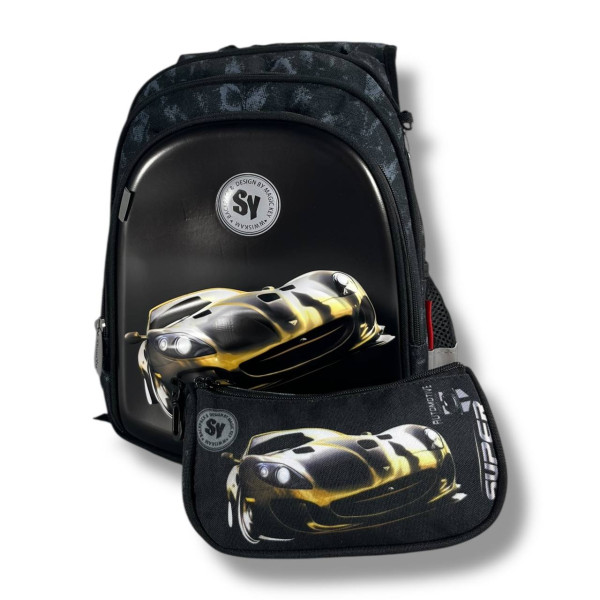 Черный школьный рюкзак с принтом Машинка, 22 л, водонепроницаемый, пенал в комплекте