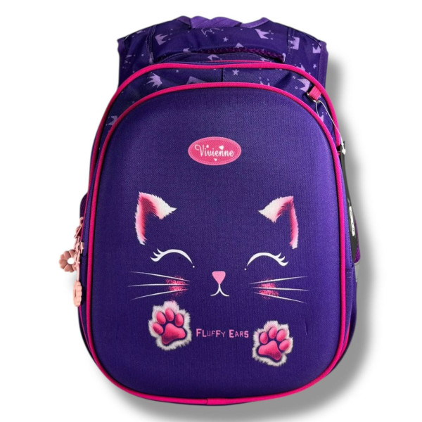Школьный рюкзак для девочек 6–9 лет с принтом Котик с пеналом в комплекте, фиолетовый Школьный рюкзак для девочек 6–9 лет с принтом Котик с пеналом в комплекте, фиолетовый