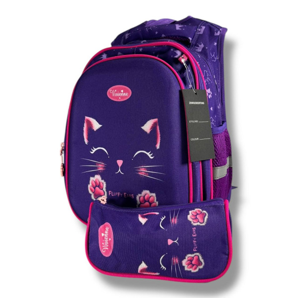 Школьный рюкзак для девочек 6–9 лет с принтом Котик с пеналом в комплекте, фиолетовый