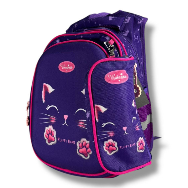 Школьный рюкзак для девочек 6–9 лет с принтом Котик с пеналом в комплекте, фиолетовый Школьный рюкзак для девочек 6–9 лет с принтом Котик с пеналом в комплекте, фиолетовый