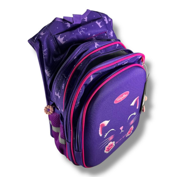 Школьный рюкзак для девочек 6–9 лет с принтом Котик с пеналом в комплекте, фиолетовый Школьный рюкзак для девочек 6–9 лет с принтом Котик с пеналом в комплекте, фиолетовый