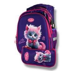 Каркасный школьный рюкзак для девочек с принтом котика, пенал в комплекте, фиолетовый