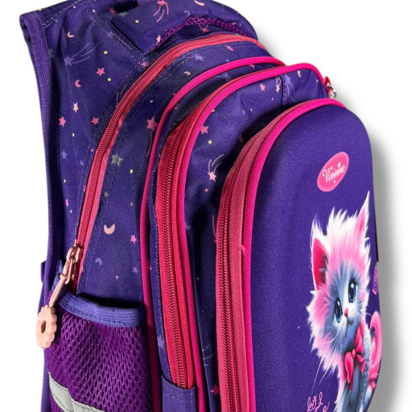 Каркасный школьный рюкзак для девочек с принтом котика, пенал в комплекте, фиолетовый Каркасный школьный рюкзак для девочек с принтом котика, пенал в комплекте, фиолетовый