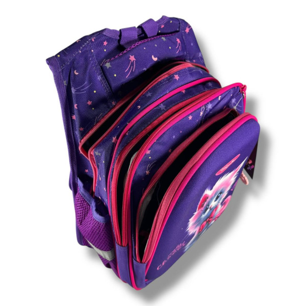 Каркасный школьный рюкзак для девочек с принтом котика, пенал в комплекте, фиолетовый Каркасный школьный рюкзак для девочек с принтом котика, пенал в комплекте, фиолетовый