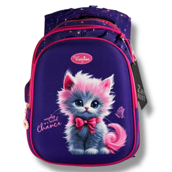 Каркасный школьный рюкзак для девочек с принтом котика, пенал в комплекте, фиолетовый Каркасный школьный рюкзак для девочек с принтом котика, пенал в комплекте, фиолетовый