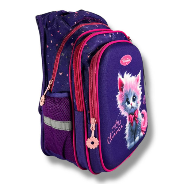 Каркасный школьный рюкзак для девочек с принтом котика, пенал в комплекте, фиолетовый Каркасный школьный рюкзак для девочек с принтом котика, пенал в комплекте, фиолетовый