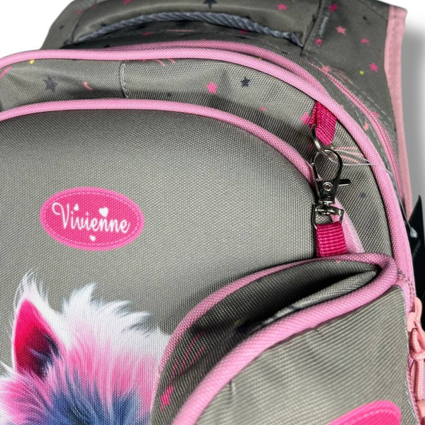 Каркасный школьный рюкзак для девочек с принтом котика, пенал в комплекте, серый Каркасный школьный рюкзак для девочек с принтом котика, пенал в комплекте, серый