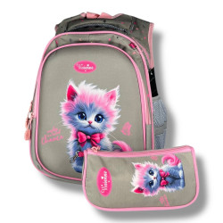Каркасний шкільний рюкзак для дівчаток з принтом котика, пенал у комплекті, сірий