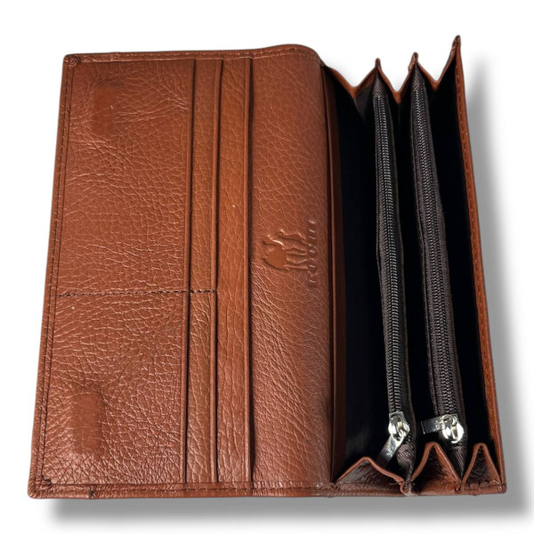 Женский кошелек из натуральной кожи с тиснением, коричневый (17×9 см) Женский кошелек из натуральной кожи с тиснением, коричневый (17×9 см)