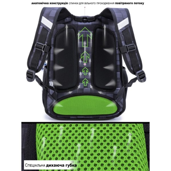 Школьный рюкзак для мальчиков черно-серый с зеленым.