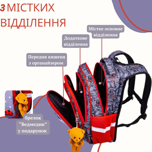 Рюкзак школьный для девочки с ортопедической спинкой, Sky Name Winner, серо-красный Рюкзак школьный для девочки с ортопедической спинкой, Sky Name Winner, серо-красный